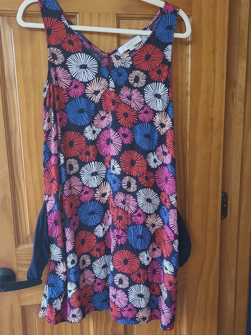 LOFT Navy Floral Sundress In The Fireworks Pattern with Pink, Blue & Red Motifs
